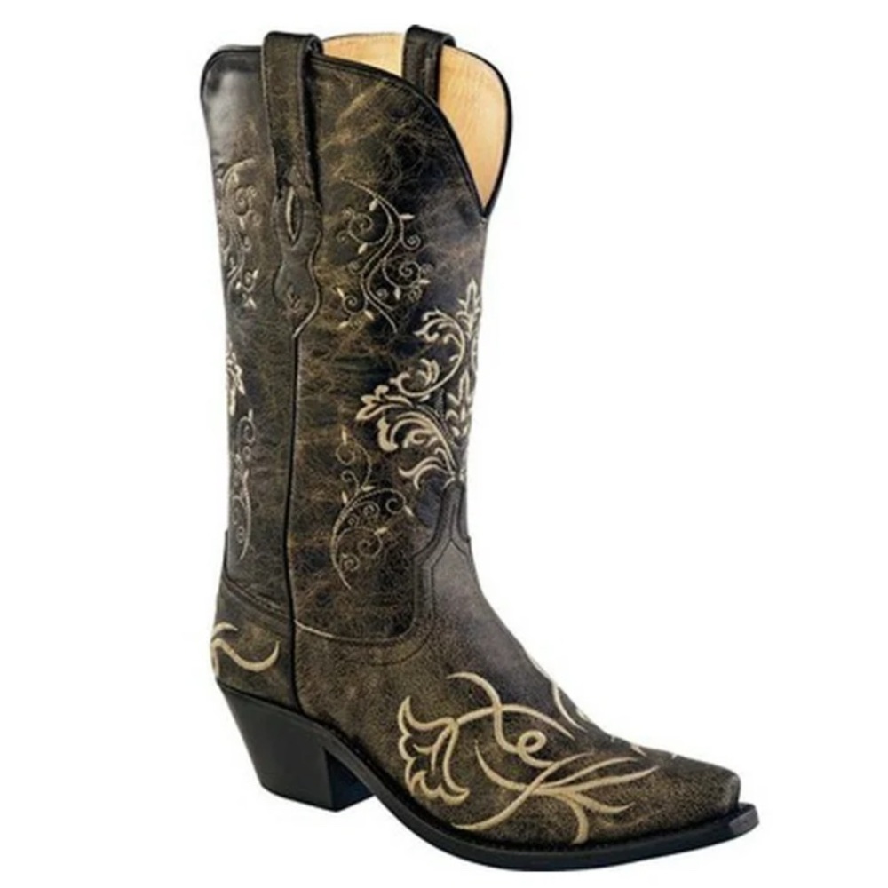 Old West Black Distressed Tan Embroidered Cowboy Western Boots